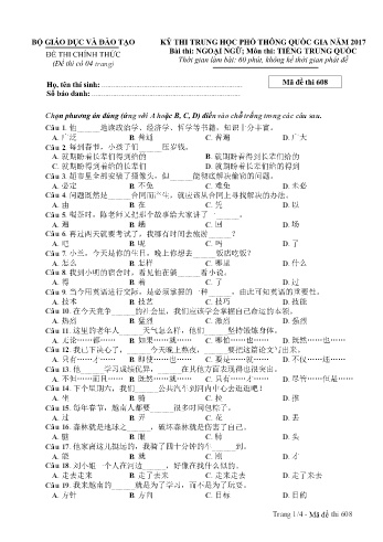 Đề thi THPT quốc gia năm 2017 môn Tiếng Trung quốc - Mã đề 608 (Kèm đáp án)