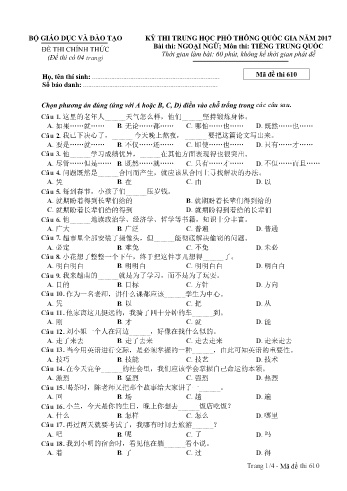 Đề thi THPT quốc gia năm 2017 môn Tiếng Trung quốc - Mã đề 610 (Kèm đáp án)
