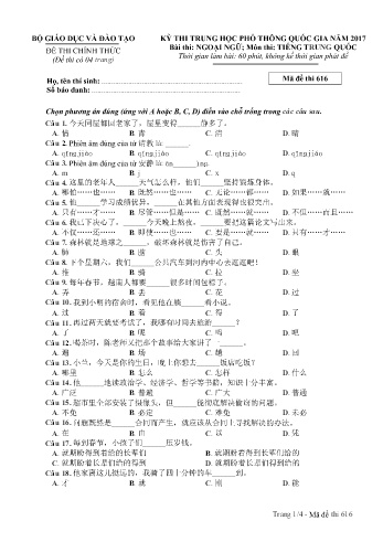 Đề thi THPT quốc gia năm 2017 môn Tiếng Trung quốc - Mã đề 616 (Kèm đáp án)