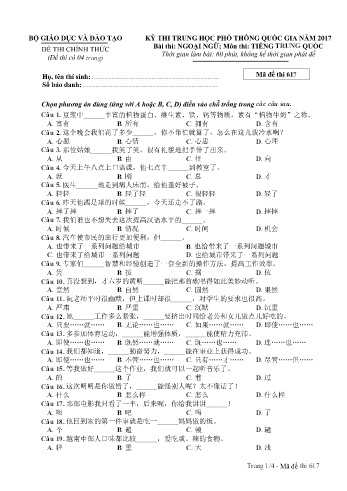 Đề thi THPT quốc gia năm 2017 môn Tiếng Trung quốc - Mã đề 617 (Kèm đáp án)