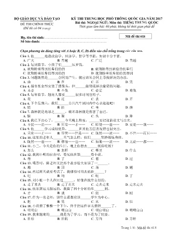 Đề thi THPT quốc gia năm 2017 môn Tiếng Trung quốc - Mã đề 618 (Kèm đáp án)
