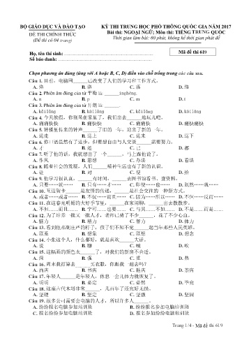 Đề thi THPT quốc gia năm 2017 môn Tiếng Trung quốc - Mã đề 619 (Kèm đáp án)