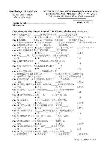Đề thi THPT quốc gia năm 2017 môn Tiếng Trung quốc - Mã đề 620 (Kèm đáp án)
