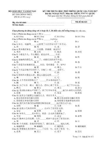 Đề thi THPT quốc gia năm 2017 môn Tiếng Trung quốc - Mã đề 621 (Kèm đáp án)