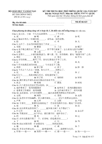 Đề thi THPT quốc gia năm 2017 môn Tiếng Trung quốc - Mã đề 623 (Kèm đáp án)