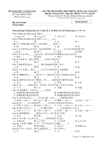 Đề thi THPT quốc gia năm 2017 môn Tiếng Trung quốc - Mã đề 624 (Kèm đáp án)
