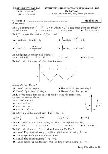 Đề thi THPT quốc gia năm 2017 môn Toán - Mã đề 101 (Kèm đáp án)