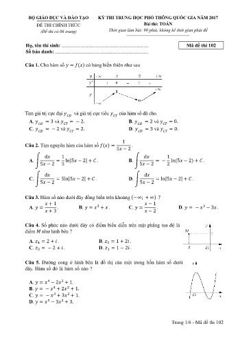 Đề thi THPT quốc gia năm 2017 môn Toán - Mã đề 102 (Kèm đáp án)