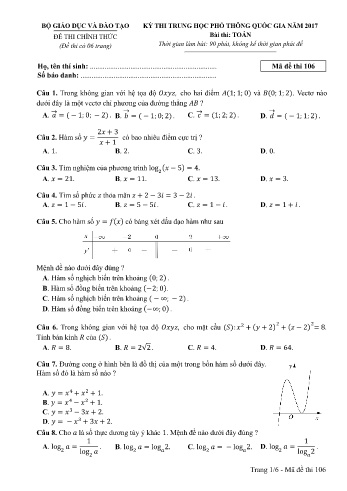 Đề thi THPT quốc gia năm 2017 môn Toán - Mã đề 106 (Kèm đáp án)