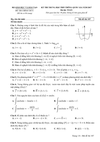 Đề thi THPT quốc gia năm 2017 môn Toán - Mã đề 107 (Kèm đáp án)