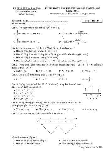 Đề thi THPT quốc gia năm 2017 môn Toán - Mã đề 109 (Kèm đáp án)