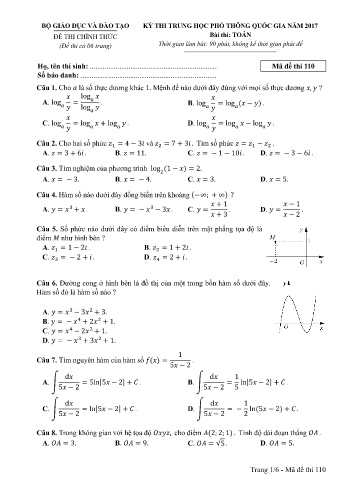 Đề thi THPT quốc gia năm 2017 môn Toán - Mã đề 110 (Kèm đáp án)