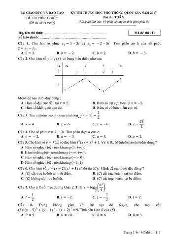 Đề thi THPT quốc gia năm 2017 môn Toán - Mã đề 111 (Kèm đáp án)