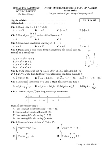 Đề thi THPT quốc gia năm 2017 môn Toán - Mã đề 112 (Kèm đáp án)