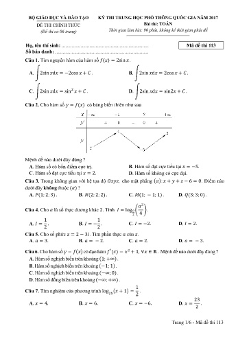 Đề thi THPT quốc gia năm 2017 môn Toán - Mã đề 113 (Kèm đáp án)