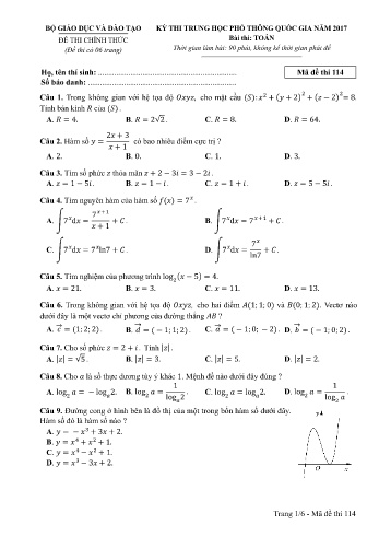 Đề thi THPT quốc gia năm 2017 môn Toán - Mã đề 114 (Kèm đáp án)