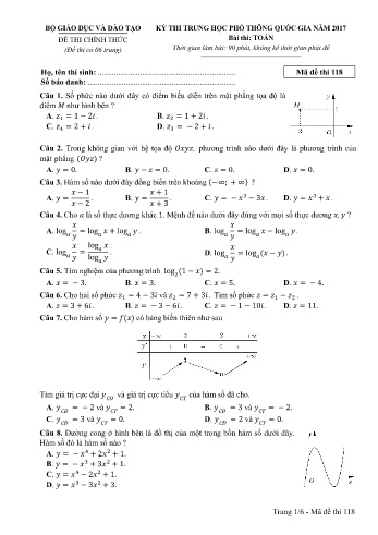 Đề thi THPT quốc gia năm 2017 môn Toán - Mã đề 118 (Kèm đáp án)