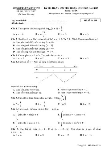 Đề thi THPT quốc gia năm 2017 môn Toán - Mã đề 119 (Kèm đáp án)