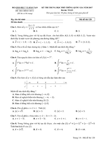 Đề thi THPT quốc gia năm 2017 môn Toán - Mã đề 120 (Kèm đáp án)