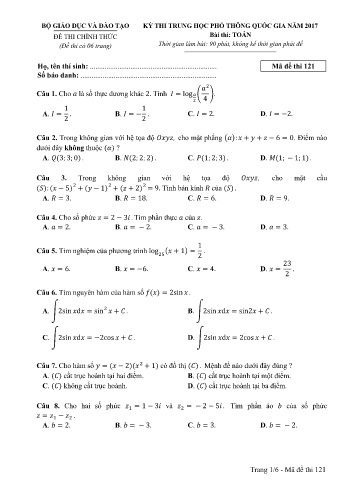 Đề thi THPT quốc gia năm 2017 môn Toán - Mã đề 121 (Kèm đáp án)