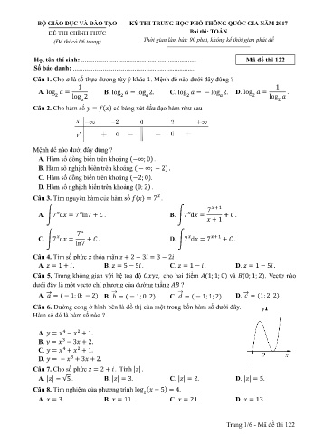 Đề thi THPT quốc gia năm 2017 môn Toán - Mã đề 122 (Kèm đáp án)