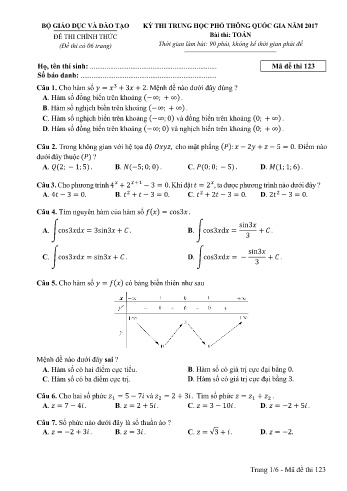 Đề thi THPT quốc gia năm 2017 môn Toán - Mã đề 123 (Kèm đáp án)