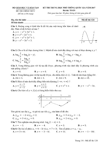 Đề thi THPT quốc gia năm 2017 môn Toán - Mã đề 124 (Kèm đáp án)