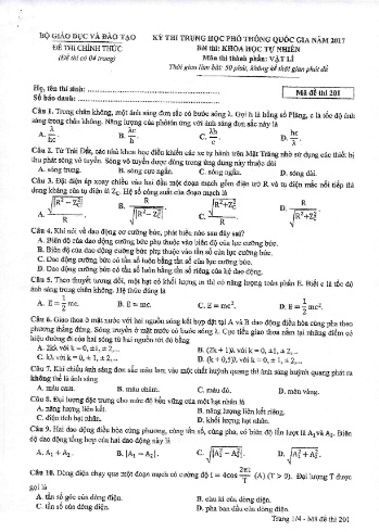Đề thi THPT quốc gia năm 2017 môn Vật lí - Mã đề 201 (Kèm đáp án)