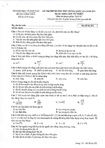 Đề thi THPT quốc gia năm 2017 môn Vật lí - Mã đề 202 (Kèm đáp án)