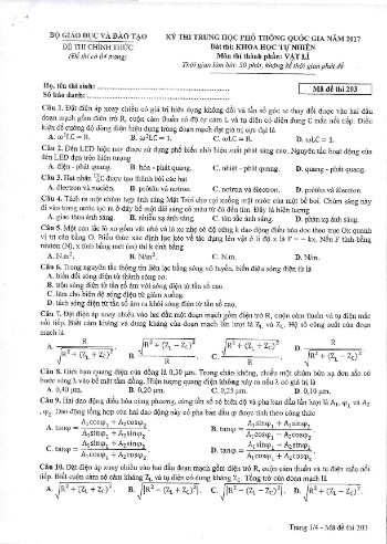 Đề thi THPT quốc gia năm 2017 môn Vật lí - Mã đề 203 (Kèm đáp án)
