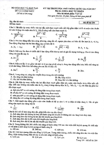 Đề thi THPT quốc gia năm 2017 môn Vật lí - Mã đề 204 (Kèm đáp án)