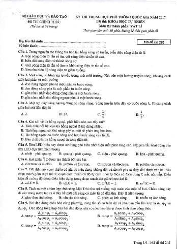 Đề thi THPT quốc gia năm 2017 môn Vật lí - Mã đề 205 (Kèm đáp án)