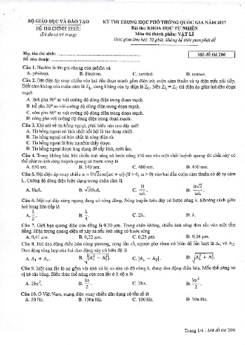 Đề thi THPT quốc gia năm 2017 môn Vật lí - Mã đề 206 (Kèm đáp án)