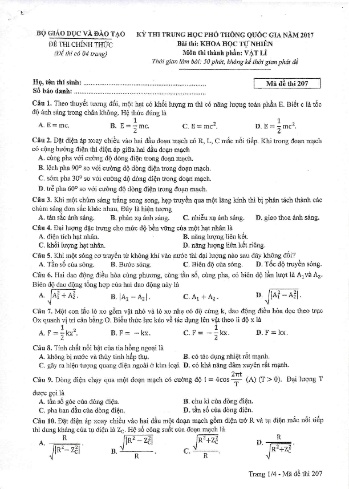 Đề thi THPT quốc gia năm 2017 môn Vật lí - Mã đề 207 (Kèm đáp án)