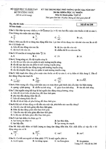 Đề thi THPT quốc gia năm 2017 môn Vật lí - Mã đề 208 (Kèm đáp án)