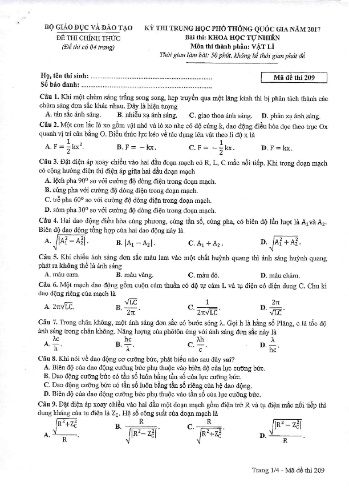 Đề thi THPT quốc gia năm 2017 môn Vật lí - Mã đề 209 (Kèm đáp án)