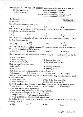 Đề thi THPT quốc gia năm 2017 môn Vật lí - Mã đề 210 (Kèm đáp án)