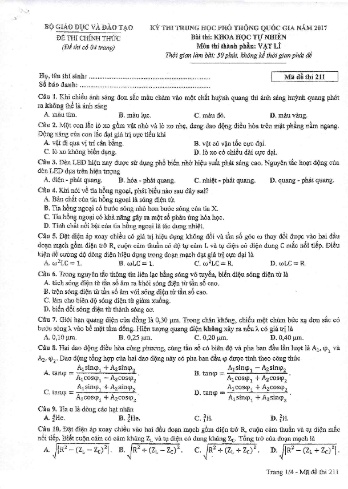 Đề thi THPT quốc gia năm 2017 môn Vật lí - Mã đề 211 (Kèm đáp án)