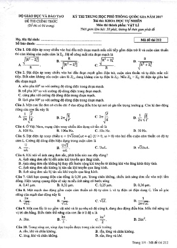 Đề thi THPT quốc gia năm 2017 môn Vật lí - Mã đề 212 (Kèm đáp án)
