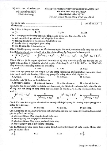 Đề thi THPT quốc gia năm 2017 môn Vật lí - Mã đề 213 (Kèm đáp án)