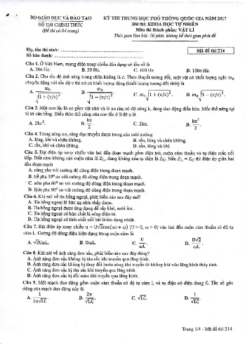Đề thi THPT quốc gia năm 2017 môn Vật lí - Mã đề 214 (Kèm đáp án)