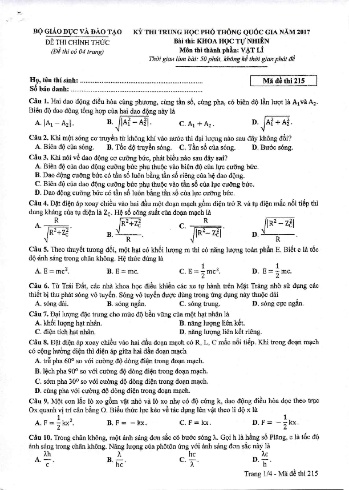 Đề thi THPT quốc gia năm 2017 môn Vật lí - Mã đề 215 (Kèm đáp án)
