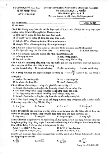 Đề thi THPT quốc gia năm 2017 môn Vật lí - Mã đề 217 (Kèm đáp án)