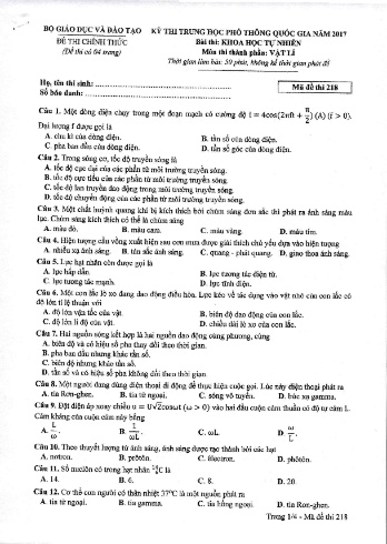 Đề thi THPT quốc gia năm 2017 môn Vật lí - Mã đề 218 (Kèm đáp án)