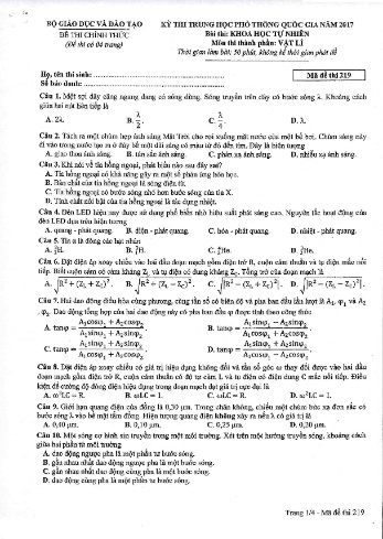 Đề thi THPT quốc gia năm 2017 môn Vật lí - Mã đề 219 (Kèm đáp án)