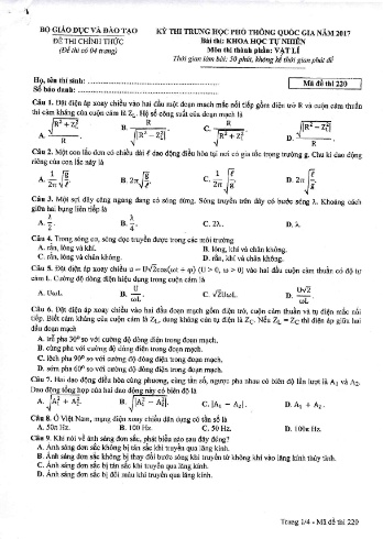Đề thi THPT quốc gia năm 2017 môn Vật lí - Mã đề 220 (Kèm đáp án)