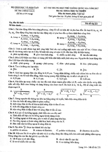 Đề thi THPT quốc gia năm 2017 môn Vật lí - Mã đề 221 (Kèm đáp án)