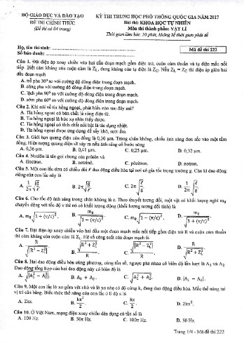 Đề thi THPT quốc gia năm 2017 môn Vật lí - Mã đề 222 (Kèm đáp án)