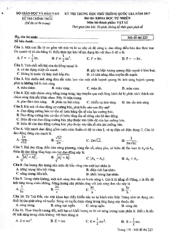 Đề thi THPT quốc gia năm 2017 môn Vật lí - Mã đề 223 (Kèm đáp án)