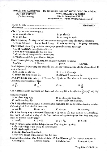 Đề thi THPT quốc gia năm 2017 môn Vật lí - Mã đề 224 (Kèm đáp án)